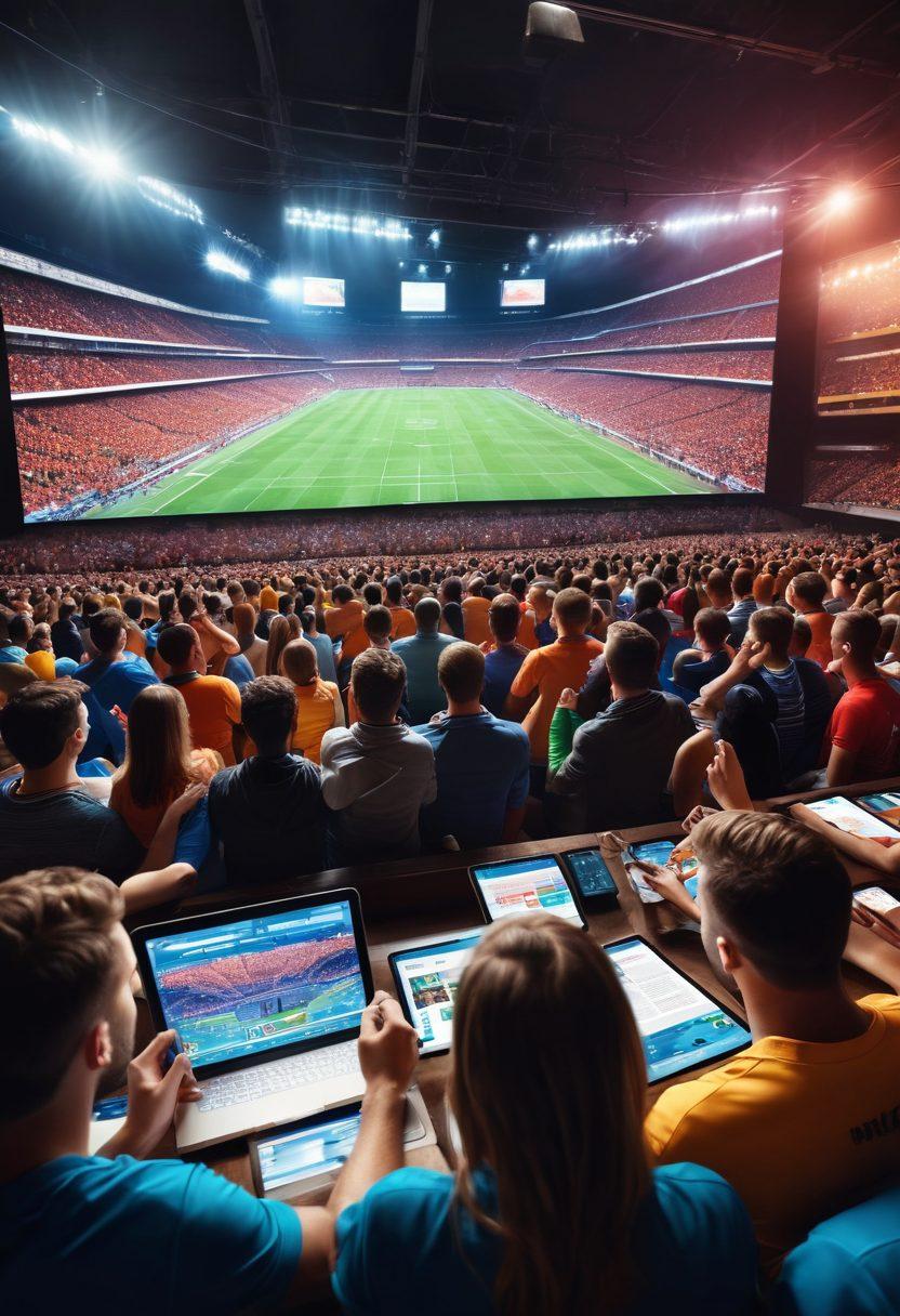 A dynamic sports scene showcasing a diverse group of fans engrossed in watching a game on large screens, with newspapers and tablets highlighting live stats and analyses around them. Include vivid team colors, excited expressions, and elements like charts or infographics that represent analysis, surrounded by cheering crowds. The atmosphere should radiate energy and anticipation, encapsulating the thrill of being a sports fan. super-realistic. vibrant colors. energetic vibes.