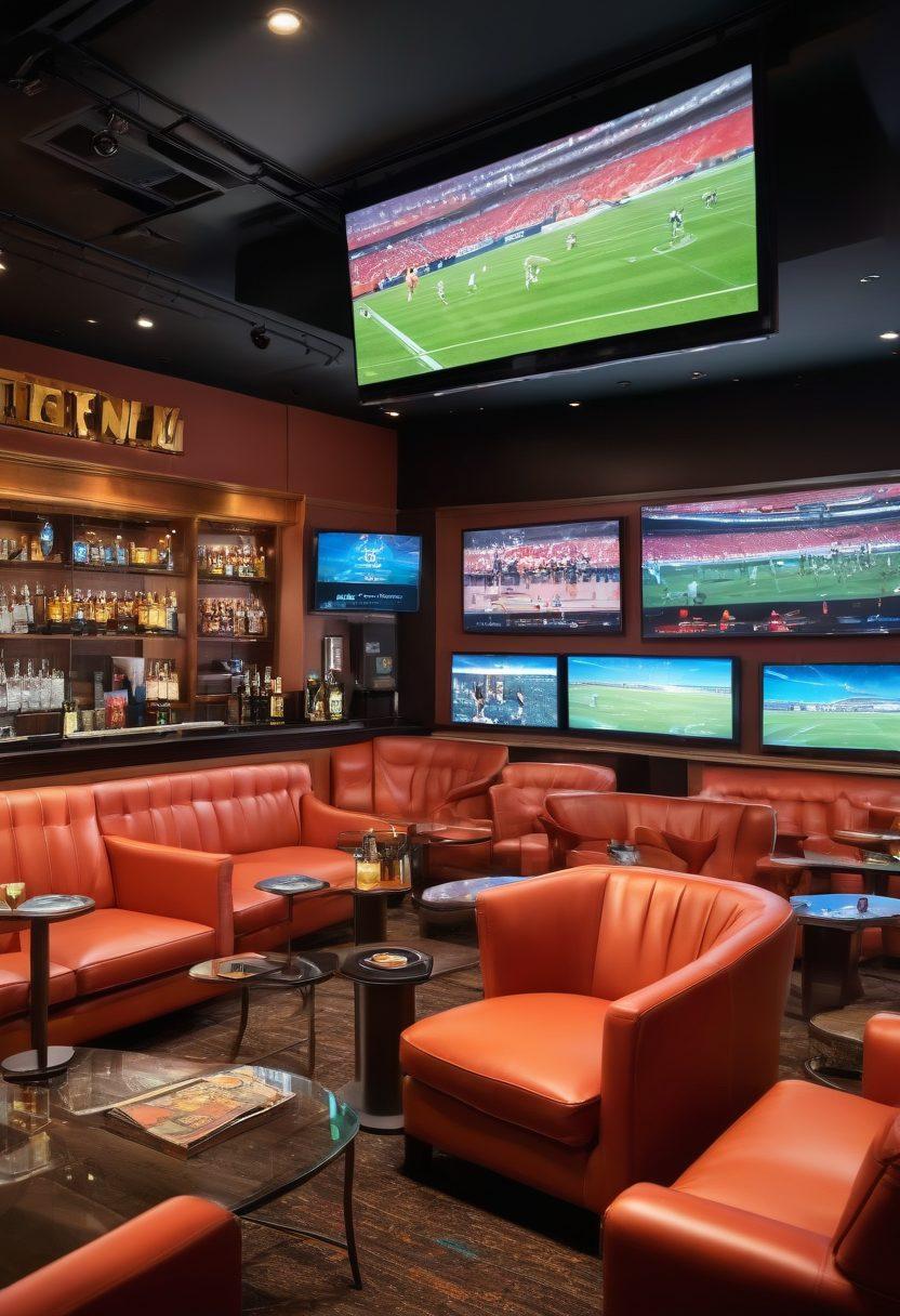 A dynamic scene showcasing a bustling VIP sports lounge with plush seating, large screens displaying various athletic events, and enthusiastic fans in high-end attire celebrating a big game. Incorporate elements of sports betting, such as stylish betting slips and digital odds displays in the background. Capture the lively atmosphere with cheers and clinking glasses, surrounded by memorabilia of popular sports. vibrant colors. super-realistic. high detail.
