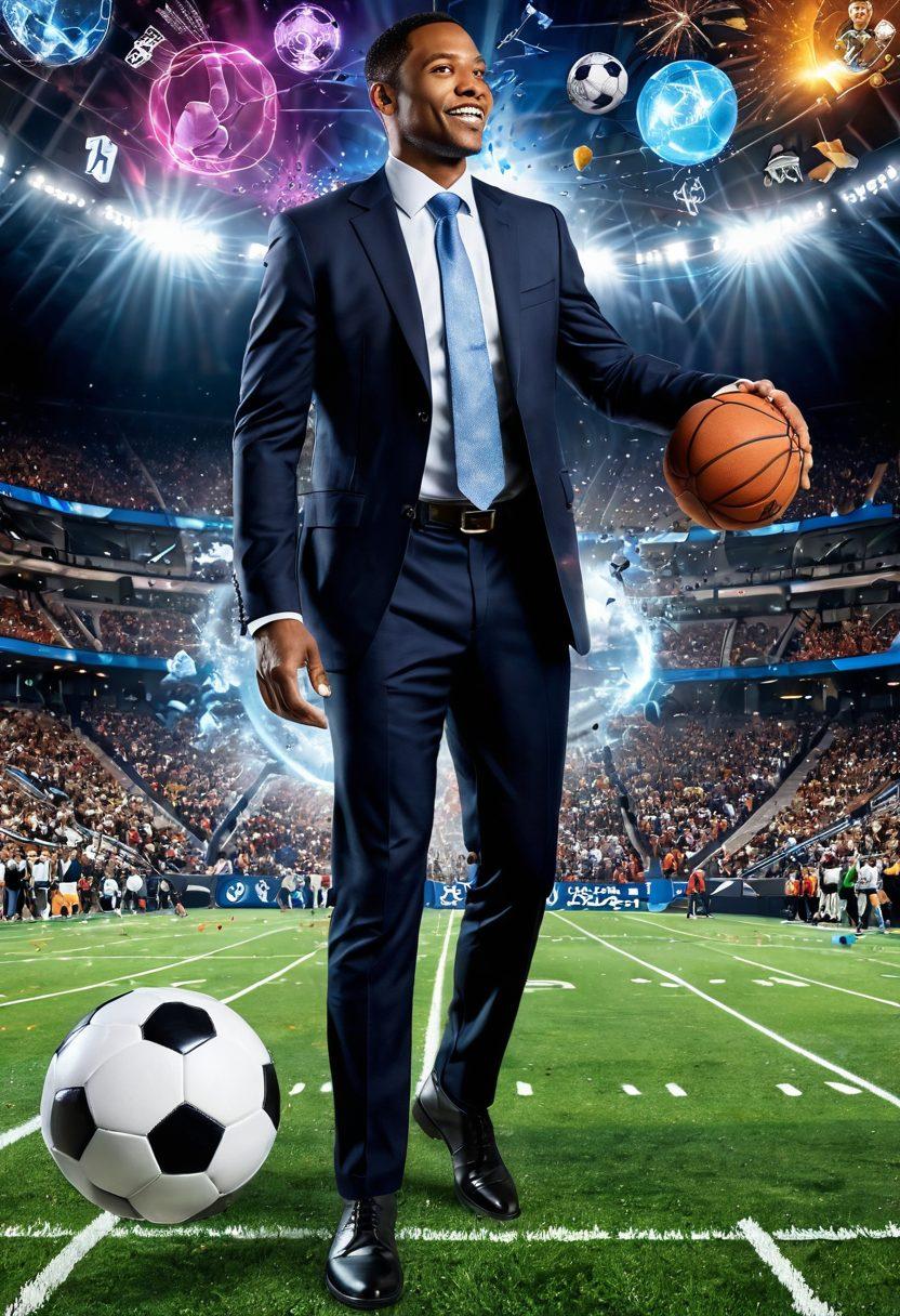 A dynamic collage featuring a sports analyst surrounded by floating holographic images of various sports stats and highlights, with a backdrop of a stadium bursting with excited fans. Incorporate elements of technology like charts and graphs to symbolize insights. Include various sports equipment like a soccer ball and a basketball, merging traditional and modern. The overall atmosphere should exude energy and excitement. vibrant colors. super-realistic.